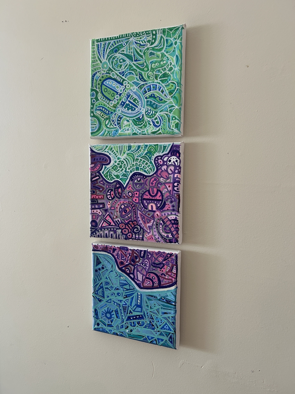 Abstract Tri-Panel Wall Art in Green, Purple, and Blue
